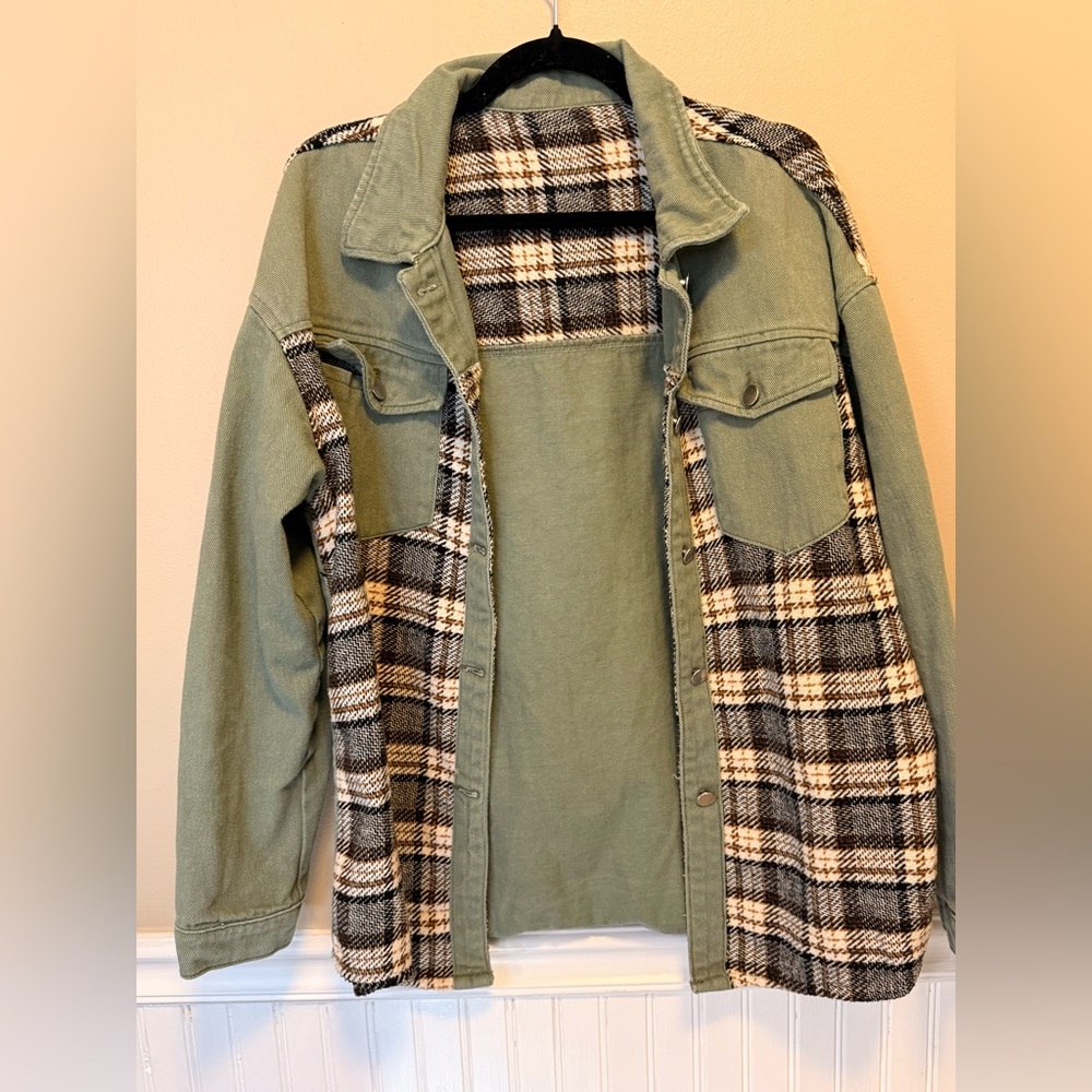 Women's Green and Black Plaid Jean Jacket/Shacket